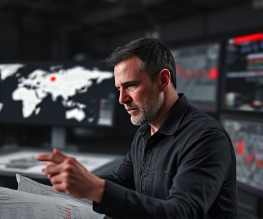 strategic leadership strategy, thoughtful expression, analyzing a plan, photorealistic, war room with maps and digital screens, highly detailed, intense concentration, sharp clarity, monochromatic tones with splashes of red, studio lighting, shot with a 85mm lens.