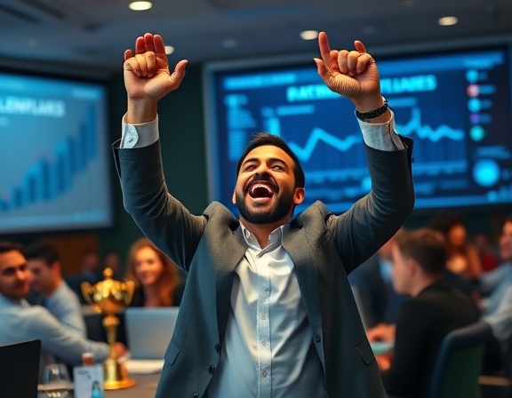 inspiring leadership success, triumphant expression, successfully achieving milestones, photorealistic, conference room with charts and trophies, highly detailed, excitement in the atmosphere, crisp details, deep blues and golds, soft ambient lighting, shot with a 35mm lens.