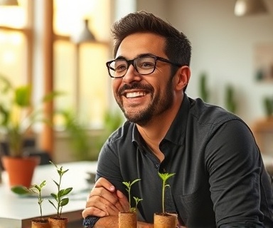 dynamic leadership growth, optimistic expression, nurturing and mentoring, photorealistic, open-space work environment with plants and growth charts, highly detailed, movement and development in the air, fine granularity, earth tones, morning light, shot with a 24mm lens.
