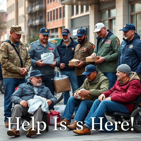Diverse U.S. military veterans aiding homeless peers in urban support scene.